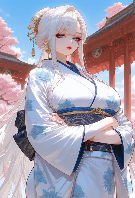 mixed_artwork style, loose white hair, sidelocks, side bangs, blue eyes, perfect eyes, diamong sharp eyes, white & blue kimono, Mole under eye, curvy, (massive chest), White outline, (expressionless), Sensual woman, Seductive woman, Mature female, Milf, Mo...