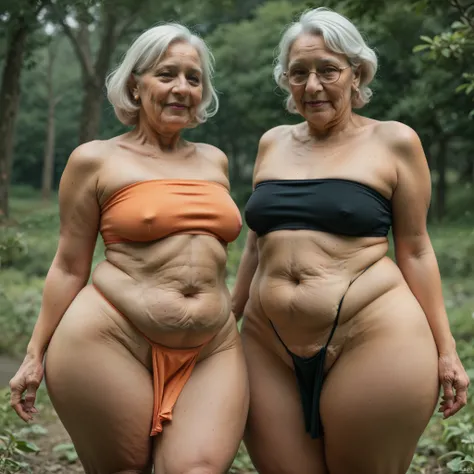 score_9, score_8_up, score_7_up, score_6_up, 2girl, side by side, separated , two tribal women naked wearing only a tiny loincloth made of natural fibers and a tiny tube top, tiny pelvic curtain barely covering pussy,  chubby, huge thick thighs, wide hips,...