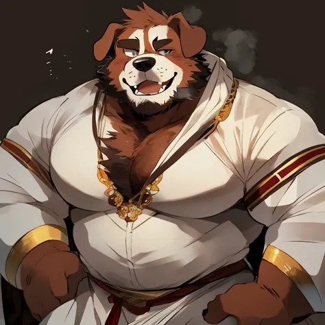 dog, furry, saint bernard, handsome, very muscular, very big, extremely hot and sexy, beard, hair, chest hair, charming eyes, solo, male, happy expression, daddy, full body, big body, white medieval clothes, middle aged, by hyaku, by darkgem, by glitter tr...