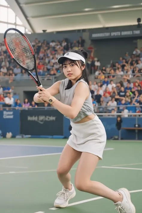 A young Japanese female tennis player is on a professional court, wearing a stylish sports outfit with a visor. She holds a tennis racket, ready to hit the ball with a focused expression. The background shows a large stadium with a cheering crowd. The scen...