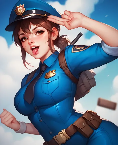 Yumi is a Filipina woman in her 30s. She has a deepest brunette ponytail and dark‐brown eyes.

Her navy‐blue jumpsuit is covered with a stab vest on the upper part. A cap is bearing her police badge. She is equipped with a duty belt and a side‐handle baton...