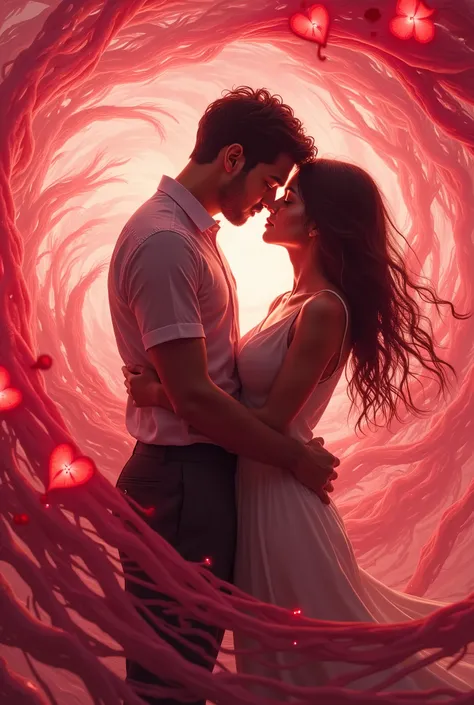 A Valentine’s Day Chromatic Vortex of two lovers, with swirling colors transitioning from passionate red to soft pink and beyond, creating a sense of movement and endless love. The lovers’ embrace is distorted yet recognizable, reflecting the dynamic natur...