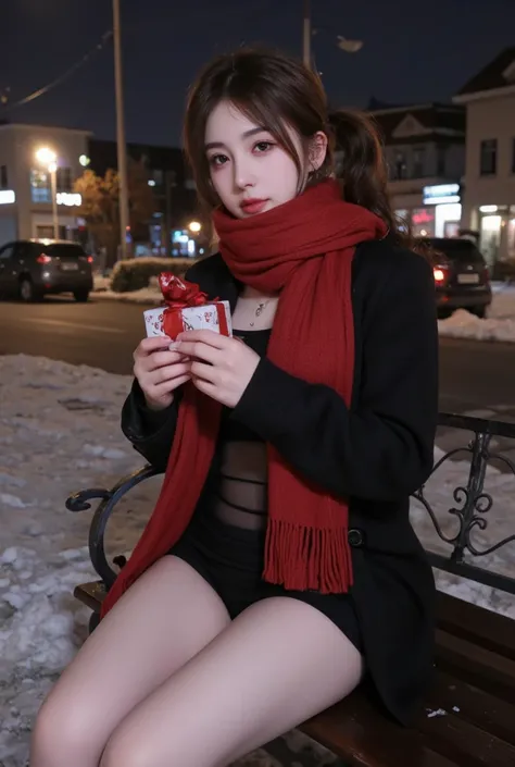 Breathing thin white in the city on a cold winter night 。On the edge of the scarf "T＆G"The letters are written in small size 。 she is carefully wrapping the red scarf she got from him around her neck。The hairstyle is a curly twin tail 、Long bangs、Curl perm...