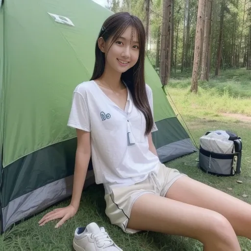 camping, sitting next to tent, camping chair, long distance shot, white t-shirt, shorts, sneakers, surrounded by forest, ((masterpiece)), ((best quality)), (ultra-detailed), ((beautiful eyes)), Japanese female, (slender:1.3), ((30 years old)), beautiful, (...