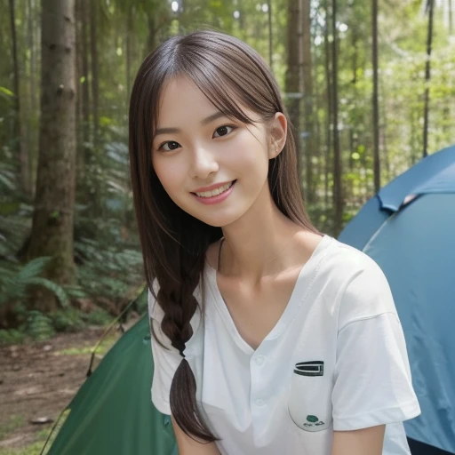 camping, sitting next to tent, camping chair, long distance shot, white t-shirt, shorts, sneakers, surrounded by forest, ((masterpiece)), ((best quality)), (ultra-detailed), ((beautiful eyes)), Japanese female, (slender:1.3), ((30 years old)), beautiful, (...