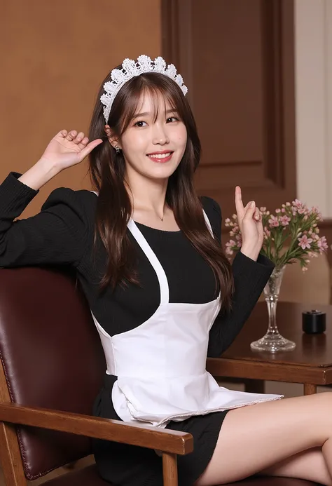 korean woman in maid uniform (Probability 0.8) Long hair, flowing, sitting confidently with a smile full of laughter, fully dressed in a curve-hugging outfit, she feels sweet like a Sugar Babe, photographed in ultra-high resolution. (uhd) The image is incr...