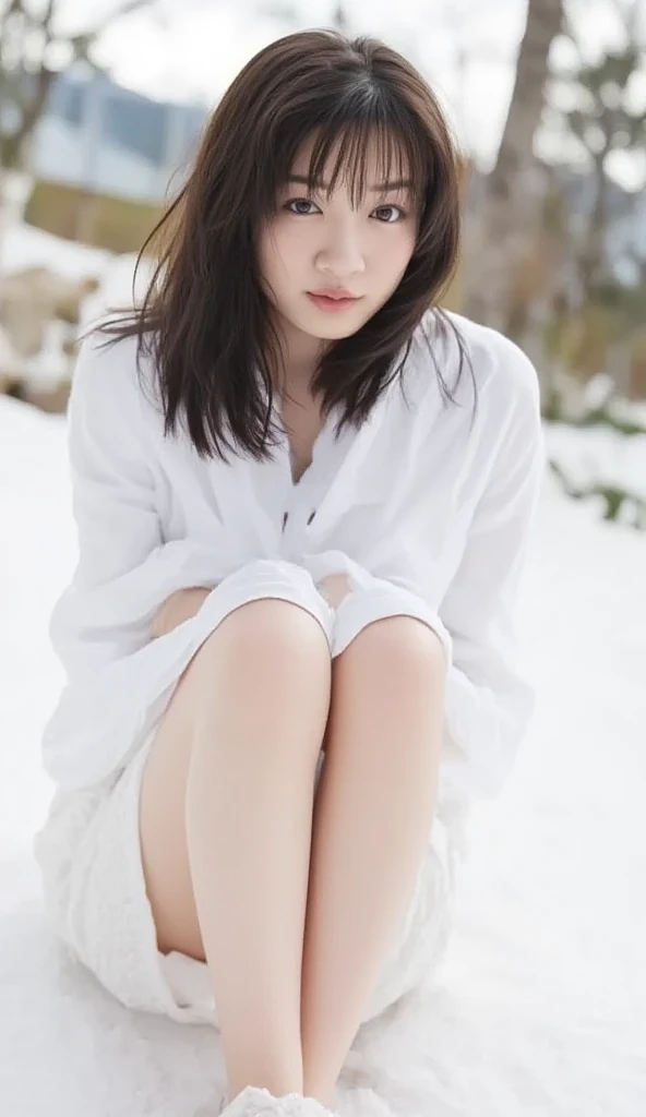 Plains of ice、On ice with puddles 、There&#39;s nothing around 、  pure white micro bikini、  fair, textured skin 、 sitting on one knee on ice、Rainy body and hair 、  knee open 、   short hair,    thighs 。 and tighten their waist

