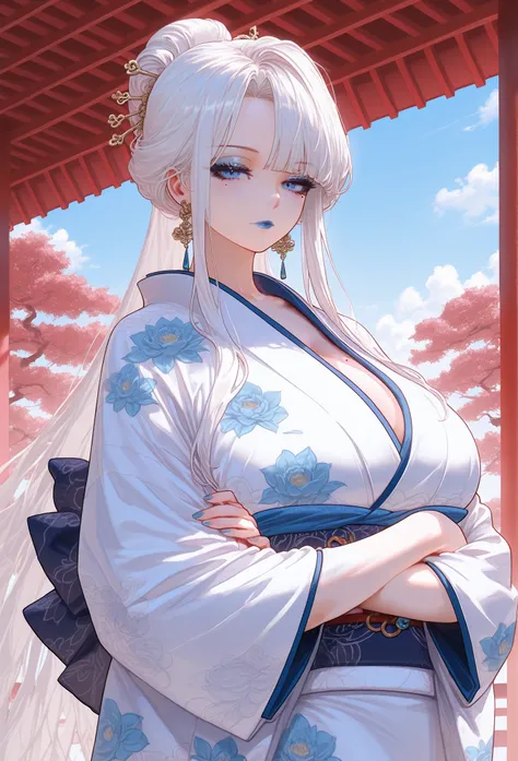 mixed_artwork style, loose white hair, sidelocks, side bangs, blue eyes, perfect eyes, diamong sharp eyes, white & blue kimono, Mole under eye, curvy, (massive chest), White outline, (expressionless), Sensual woman, Seductive woman, Mature female, Milf, Mo...