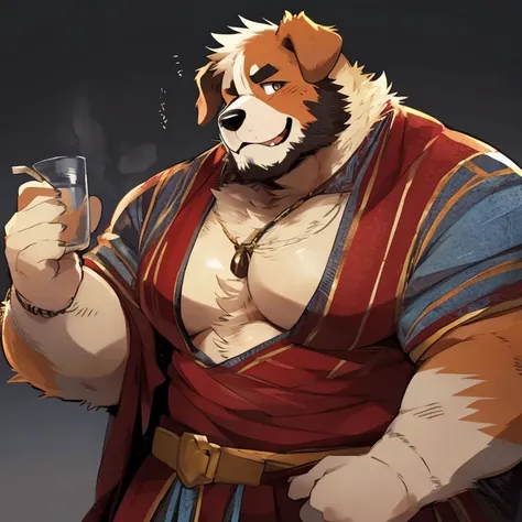 dog, furry, saint bernard, handsome, very muscular, very big, extremely hot and sexy, beard, hair, chest hair, charming eyes, solo, male, happy expression, daddy, full body, big body, white medieval clothes, middle aged, by hyaku, by darkgem, by glitter tr...