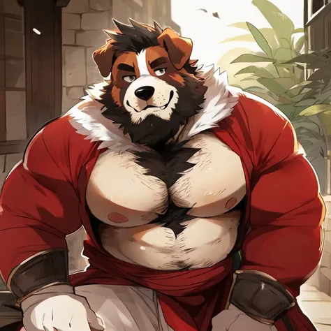 dog, furry, saint bernard, handsome, very muscular, very big, extremely hot and sexy, beard, hair, chest hair, charming eyes, solo, male, happy expression, daddy, full body, big body, white medieval clothes, middle aged, by hyaku, by darkgem, by glitter tr...