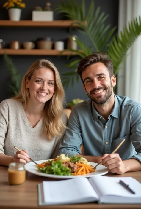 A relaxed couple ,  Sitting at the table ,  enjoying a healthy meal with a happy smile . In the background,  an organized and cozy environment , transmitting calm and well-being .  In another part of the image ,  an open agenda or meal planner ,  symbolizi...