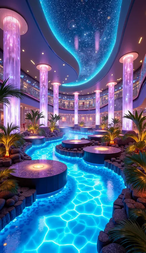 "A surreal indoor paradise with a winding, bioluminescent river flowing through a grand, futuristic lounge. The water glows softly in shades of blue and purple, casting an ethereal shimmer on the surroundings. Floating glass walkways hover over the river, ...