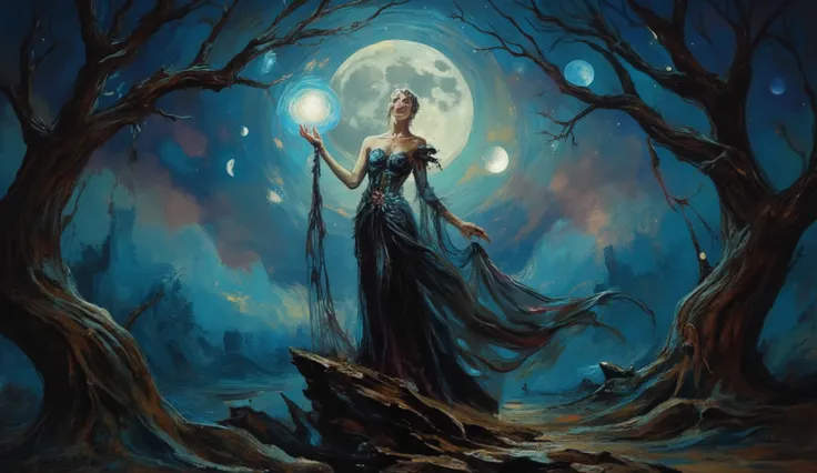 a mystical scene featuring a woman dressed in a flowing black gown, gracefully standing with her arm outstretched. She holds a crystal ball that glows in the moonlight, enhancing the magical ambiance. Behind her, a large full moon illuminates the night sky...