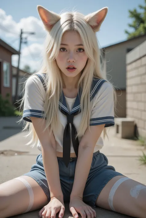 1 girl working part-time,Dirty,foot,foot底, red eyes,breast,, long hair,White hair,foot趾,foot部焦点, looking at the audience ,sit,sweat, open mouth ,Dirty foot,Outdoor,Sky, bangs, white pantyhose, Fox Ears ,There' dirt on the body, sailor uniform