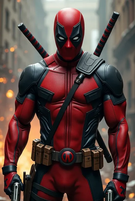  Create a male character, with healing factor power  ,  with superhuman abilities  , enhanced senses(  especially reflexes )  using two swords and guns and bombs .  Uniform like Wade Wilson from X-Men Origins 2009