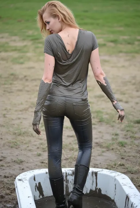 ((rear view)), tall blonde woman, blue eyes, curly hair, skinny jeans, stiletto heel boots, covered in mud, muddy hair, muddy clothes, clean blouse, muddy jeans, standing in bathtub full of mud