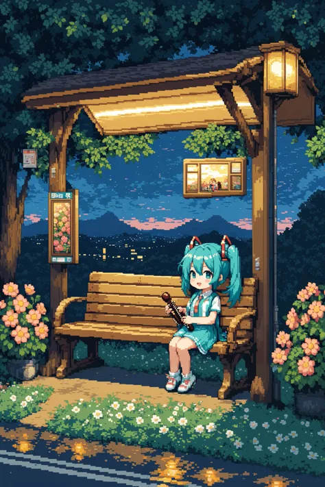  chibi、 Hatsune Miku、 pixel art 、I'm sitting on a bench at night and playing the recorder、bus stop、Countryside with lots of nature 、 lots of flowers blooming 、 Masterpiece,  top quality, 