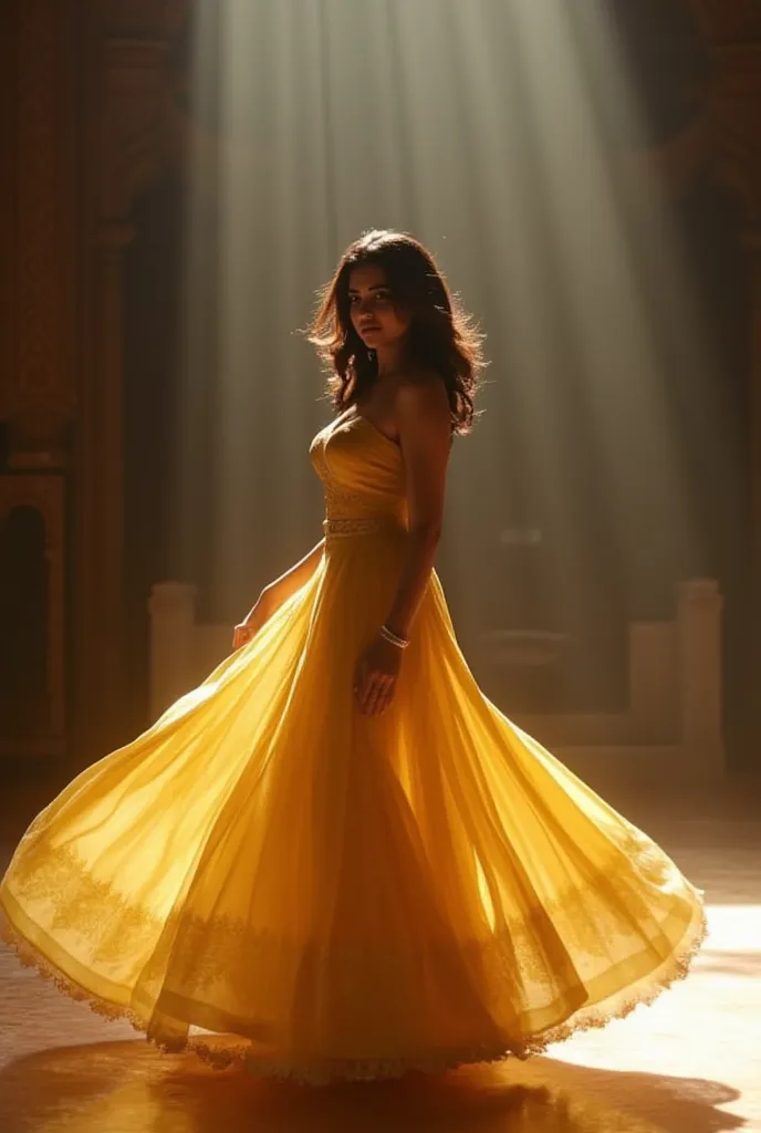 Photo of very very most incredibley Beautiful south indian dusky darkest blackest ebony skin coloured women in dull yellow lehenga spinning, Ray Tracing, Cinematic Lighting, well lit place.