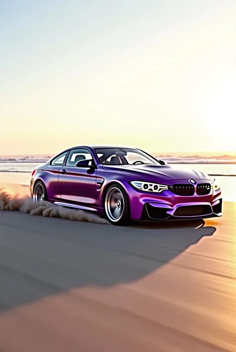  BMW M4 Cs purple with original silver wheels, The car has no airfoil ,  the car has a Cs version hood with air intake, The car is drifting on the beach, The car has a sticker written on Rick on the windshield
