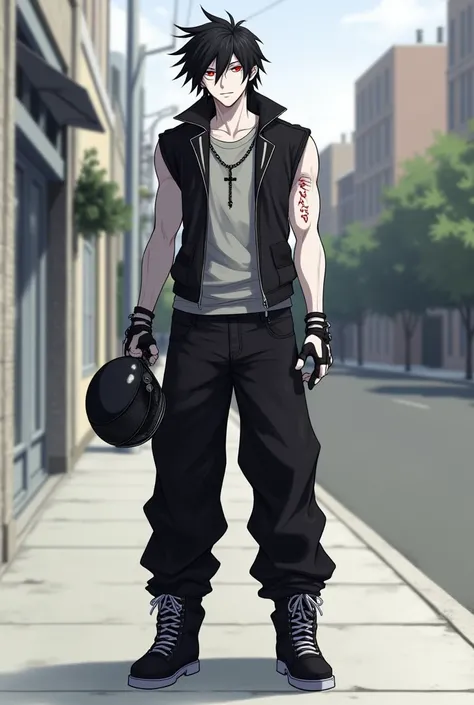 Man, Black hair, white skin, red eyes, muscular. Dressed in a sleeveless t-shirt and a leather jacket, a long chain with a cross and black baggy jeans. He is holding a black motorcycle helmet. Anime style. Located on a sidewalk on the street.