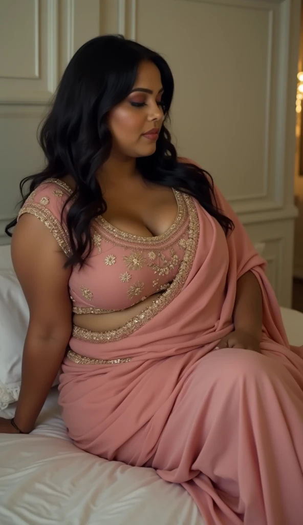 Full body image, Side view Full body image, indian hourglass body,, wide spreaded legs, Indian plus sized 30 year old woman in highly embroideried pink linen deep neck blouse and light pink colour low waist linen saree sitting on a bed, 2 shirtless men ( w...