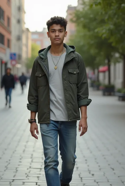 A 30-second video, where a 15-year-old boy is shown, latino, wearing casual clothes,  streets walking around the city, Where you can see streets and parks. Every 3 steps you take, clothes should be changed automatically..