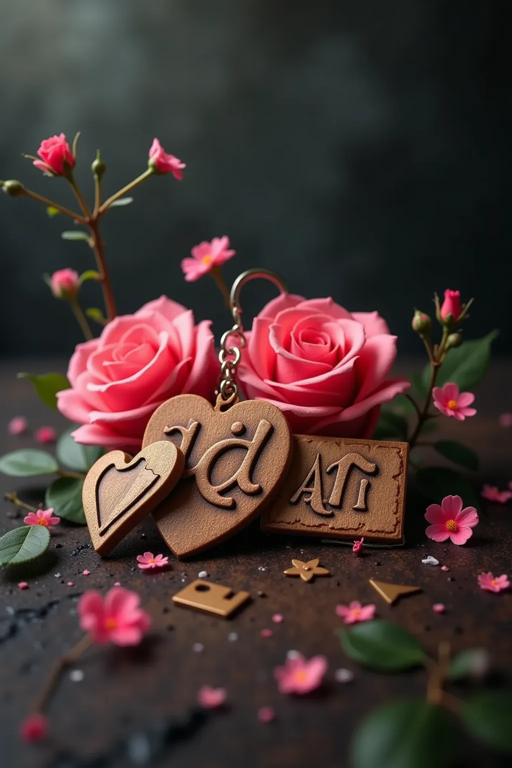  and a heart-shaped wooden key chain , The background is dark and fuzzy , Small flowers and green leaves .  with the word “ATI” in Indonesian on it ， The small letters below .  presents a bright pink rose ， scattered with drops of water , Full HD, photogra...