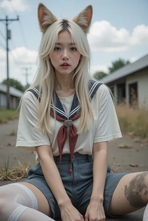 1 girl working part-time,Dirty,foot,foot底, red eyes,breast,, long hair,White hair,foot趾,foot部焦点, looking at the audience ,sit,sweat, open mouth ,Dirty foot,Outdoor,Sky, bangs, white pantyhose, Fox Ears ,There' dirt on the body, sailor uniform