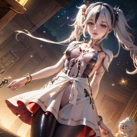 1girl, silver hair, dress, solo,  ahoge, armpits, bare shoulders, glow eyes, maid dress with bare shoulder, chest sarashi, collarbone, cowboy shot, stomach, strapless, white apron, maid dress, maid, streaked hair, thigh gap, very long hair, long flowing ha...