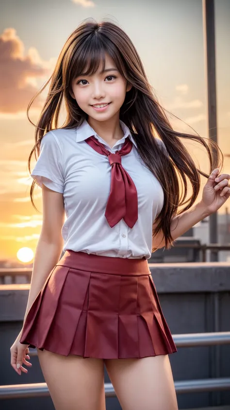  masterpiece,   top quality  ,1 person,(Cowboy shot), FRONT MAP  , 1 young and cute Japanese woman ,(well-proportion:1.3),(Focus on thighs :1.3),小さなsmile,after school,(rooftop),((Bright Red Sunset:1.5)),(In the Wind:1.5),( Long Flowing Hair :1.5),( skirt f...