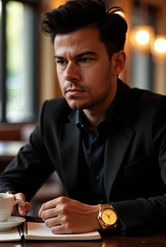 A realistic photograph of an entrepreneur, light brown, Serious,  High-level , in a luxury coffee shop, golden watch, Black hair a bit messy,  with a notebook , Drinking coffee in a black suit