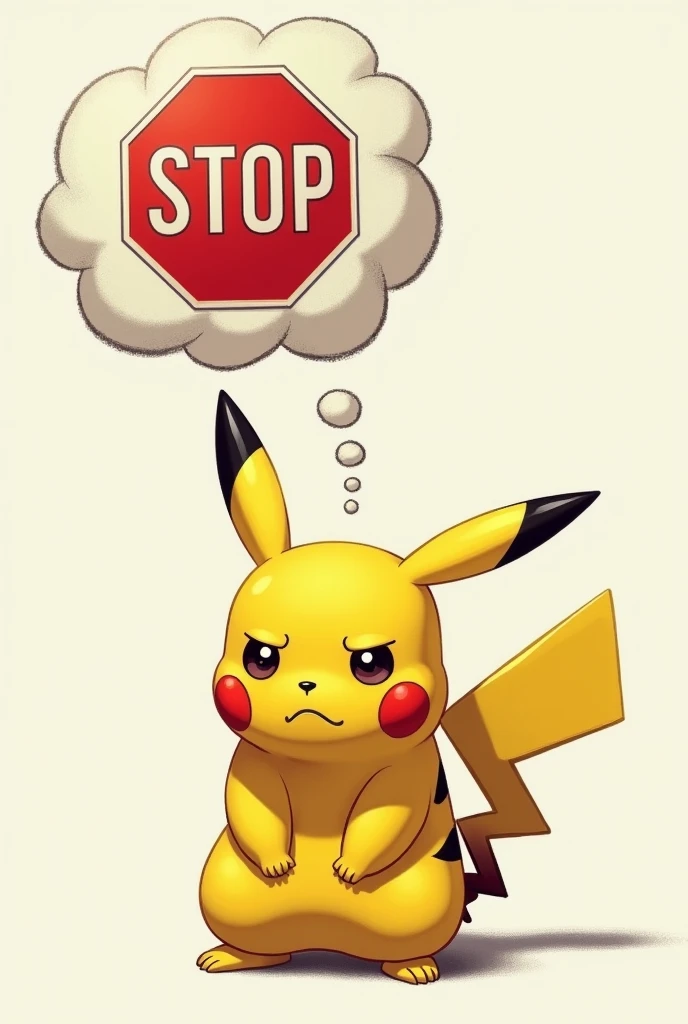 Serious drawing of Pikachu .  A thought comes out of his head .  In the thought globe comes out the stop sign