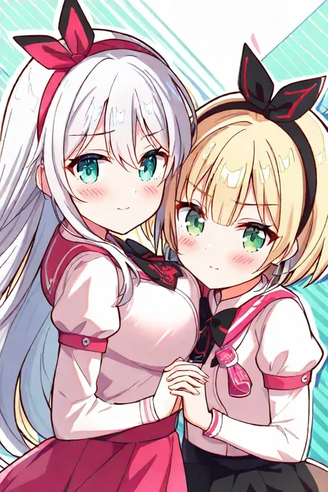  2 girls fighting back、 and stare at each other、 blush、 hold hands 、pale pink sailor suit、 red skirt（Black Line）（ character for V2Ａ（ long hair、 blond hair、 green eyes、Big Breasts、A pair of hair ribbons left and right））（ character for V2Ｂ（ short hair、Aqua E...