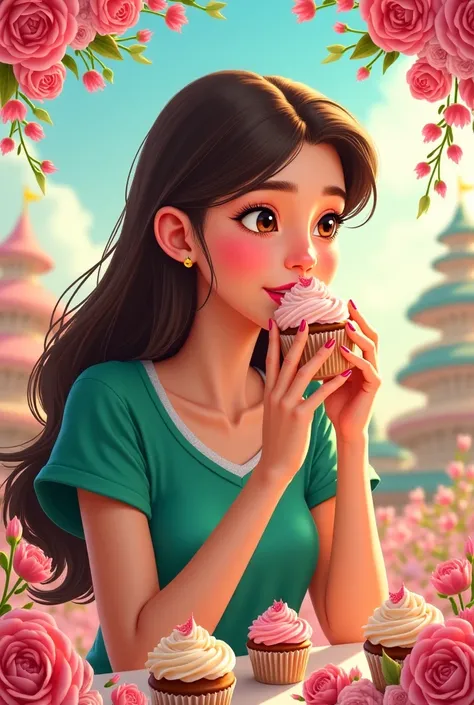 disney style poster, 26 year old girl with dark brown hair , long,  dark brown eyes wearing emerald green short sleeve blouse eating cupcakes 
