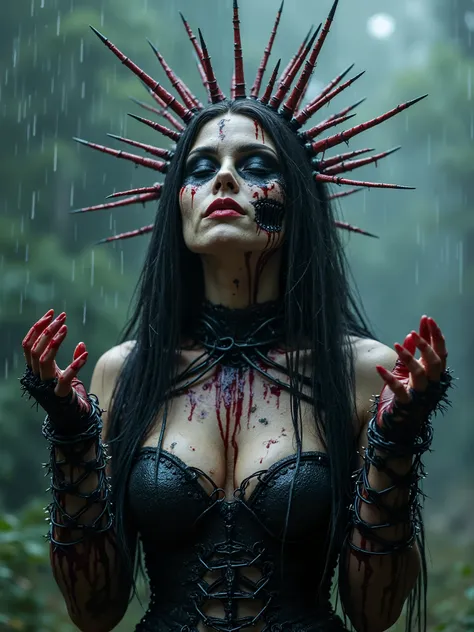 Beautiful Female cosmic entity,spiky bone crown,half skull half face rotted,barb wire wrapped around her,spilled with red and black fluid,dark makeup,dark surrealism,dark realistic photography, dark occult art,melancholic dark art, surreal dark art,realist...