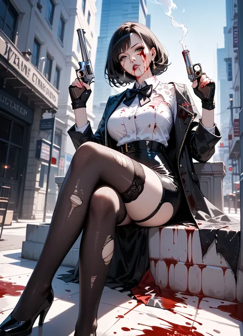 masterpiece, best quality, amazing quality, intricate detail, highly detailed, absurdres,, 1girl, mature, solo, blood,crossed legs,gun,holding,holding gun,holding weapon,revolver,smoking, torn clothes, black bow,black bowtie,black footwear,black gloves,bla...