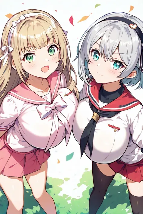  2 girls fighting back、ＡbutＢI'll hug you from behind、pale pink sailor suit、 red skirt（Black Line）（ character for V2Ａ（ long hair、 blond hair、 green eyes、Big Breasts、A pair of hair ribbons left and right））（ character for V2Ｂ（ short hair、Aqua Eyes、 Silver Hai...