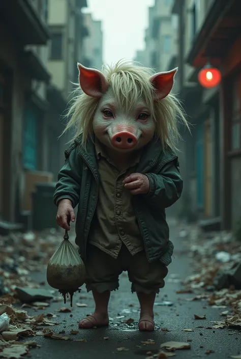 Pig with long humanoid hair on the streets,  with a bag with a foreign substance and about to be injected, despair and depression