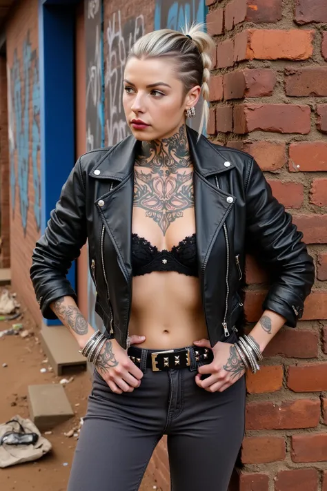 russian milf woman, grey  hair (pouf, top ponitail, shaved sides), with very light blue eyes, extremely pale skin. All neck tattooed. All stomach tattoed. All hands tattooed.Wearing cropped aged black moto jacket with lots of zippers and pins.. Dark worn g...