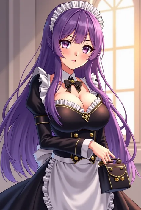 A master of hypnosis, a friend, obsessed and needy, purple long hair and is medium height with perky breasts, wears a black and gold maid uniform, beautiful feminine body, anime woman, holds tools for hypnosis in a bag, kind nature and caring holding pendu...