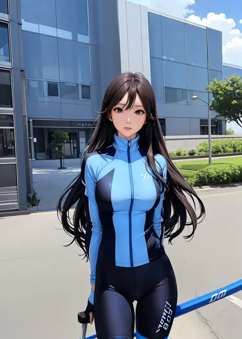 woman cycling blue suit with black shorts, ultra realistic, masterpiece 1.2,, long haired brown.  Standing 