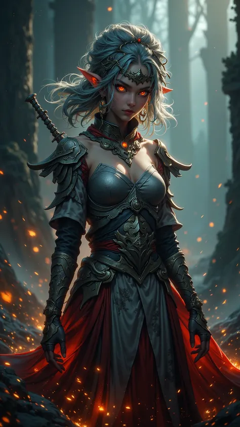 this（woman）： A mesmerizing surreal 4K scene ，With exquisite detail ， magic elements and dramatic lighting ， shows a powerful and charming warrior in a fantasy realm ， captured at stunning resolution and vivid HDR depth。