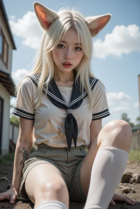 1 girl working part-time,Dirty,foot,foot底, red eyes,breast,, long hair,White hair,foot趾,foot部焦点, looking at the audience ,sit,sweat, open mouth ,Dirty foot,Outdoor,Sky, bangs, white pantyhose, Fox Ears ,There' dirt on the body, sailor uniform