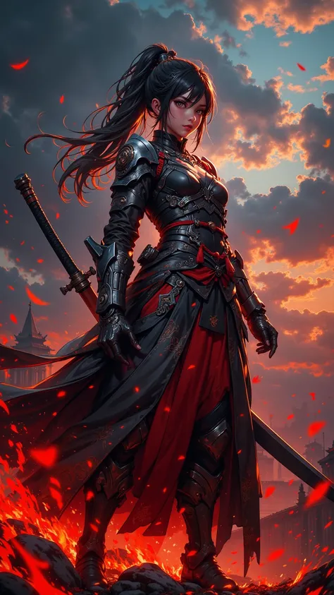 this（female）  “4K anime-style quality ，digital painting mode， Steadfast and vibrant battlefield，Fragments fly all over ，whole body， Ready for battle and ferocious stands ， emanates an unbreakable will ， Dramatic lighting ， Perfect anatomy ， Intricate sword...