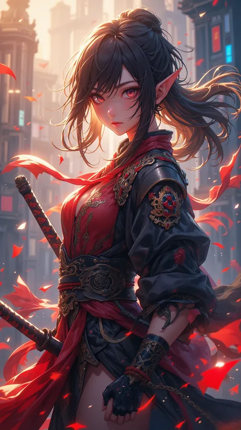 this（female）  “4K anime-style quality ，digital painting mode， Steadfast and vibrant battlefield，Fragments fly all over ，whole body， Ready for battle and ferocious stands ， emanates an unbreakable will ， Dramatic lighting ， Perfect anatomy ， Intricate sword...