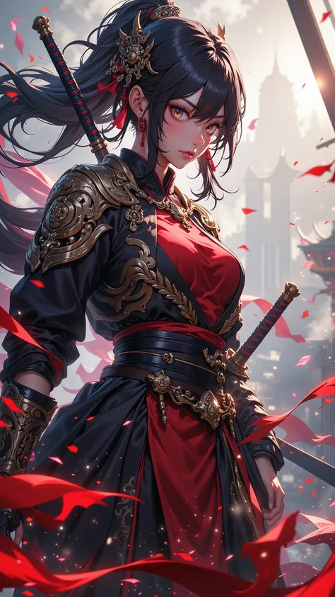 this（female）  “4K anime-style quality ，digital painting mode， Steadfast and vibrant battlefield，Fragments fly all over ，whole body， Ready for battle and ferocious stands ， emanates an unbreakable will ， Dramatic lighting ， Perfect anatomy ， Intricate sword...