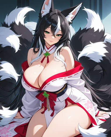 anime, anime style, masterpiece, best quality, beautiful detailed eyes, beautiful detailed lips, extremely detailed eyes and face, quality_masterpiece, detailed skin, solo, woman, kitsune, beautiful and elegant, long fox ears, six fox tails, black fur with...