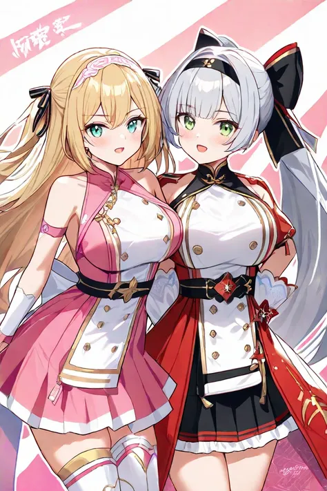  2 girls fighting back、The one in a hakamaＢ、Staring at it from a distanceＡ、 pale pink sailor suit wearing a hakama、 red skirt（Black Line）、 character for V2Ａ（ long hair、 blond hair、 green eyes、Big Breasts、A pair of hair ribbons left and right）、 character fo...