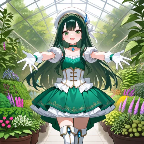  full picture, whole body,  Watch Viewers ,  spread your hands wide,  1 girl,  girl, age12, Young, (( idol)), dark green hair,  long hair,  white beret,  green eyes ,  Merciful Expression ,  emerald, green dress dress costume, White Corset, Silver decorati...