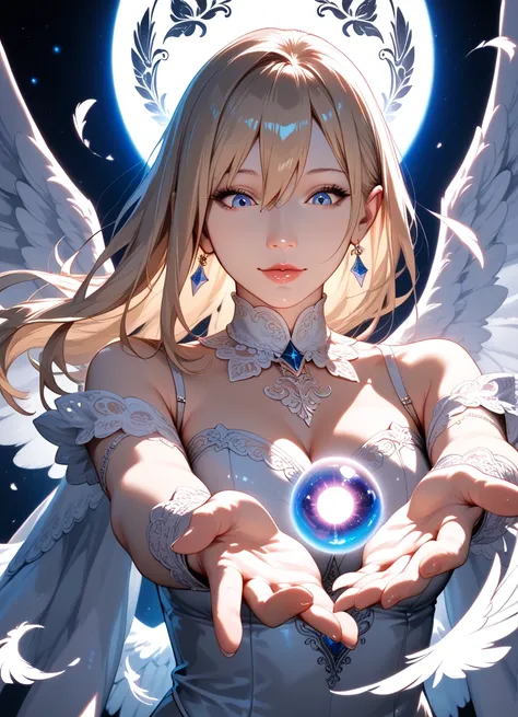 masterpiece, best quality, amazing quality, intricate detail, highly detailed, absurdres,, 1girl, mature, solo, angel,seraph,hair between eyes,wings,tattoo, looking down, reaching towards orb, floating orb, photorealistic, film grain, ultra realistic, dyna...